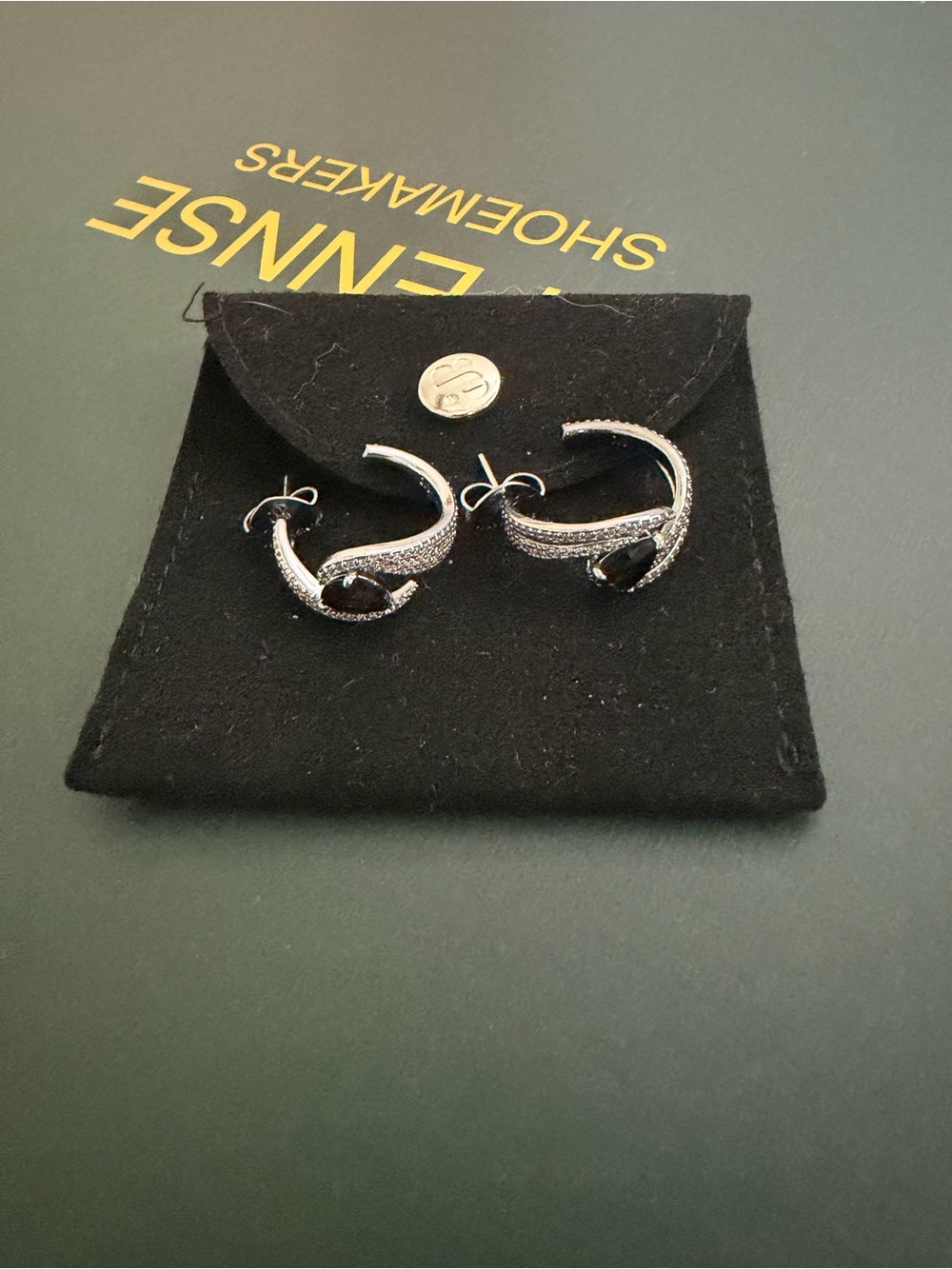 Hematite Hoop Earrings with Black Crystal Accent